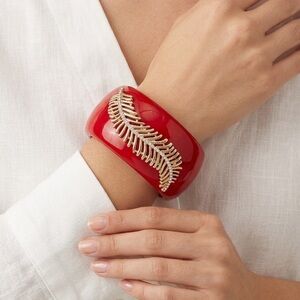 Red Resin Cuff Bracelet w/ Gold Feather | Crystal Accent Magnetic